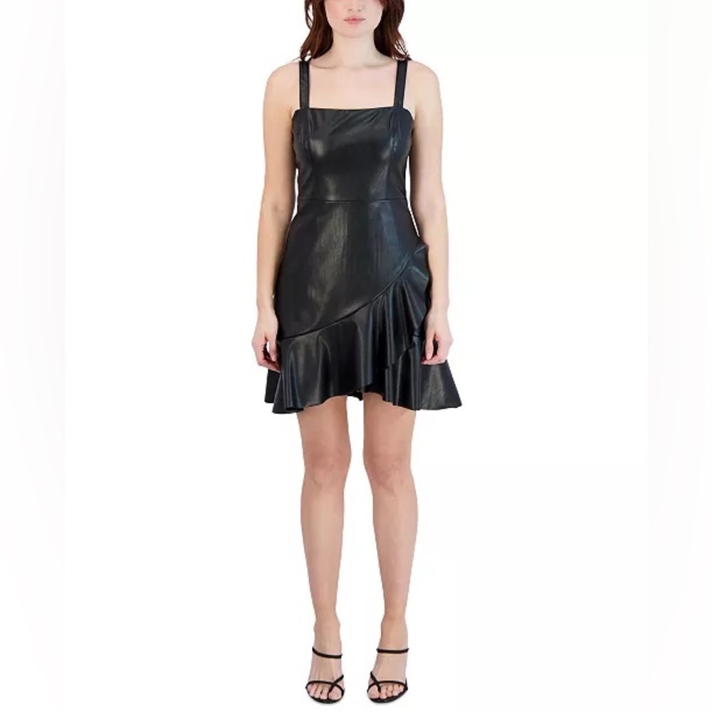 BCBGeneration Black Faux Leather Flouce-Hem Mini Dress - X- Large